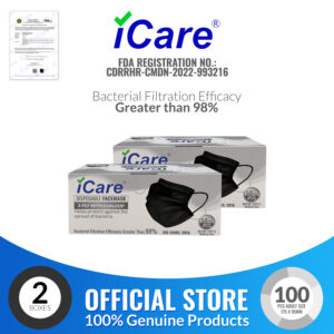 iCare REF287 Disposable Face Mask 2 Boxes(100pcs) ( Type II For Medical Use) with Comfortable Elastic Earloop and Embedded Nose Clip Design
